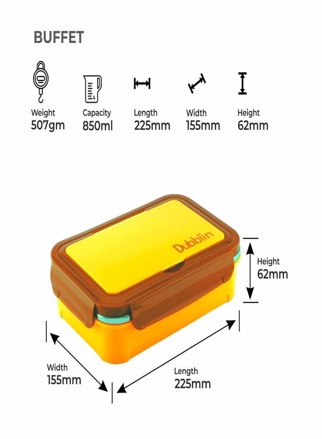 DUBBLIN Buffet Stainless Steel Lunch Box Insulated Airtight Spill Proof with Spoon, Fork & mini sabzi Container Inside, 850 ml, Yellow - Image 2